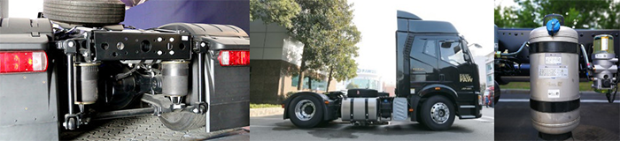 從左到右分別是：4氣囊超低鞍座、長軸距設計、氣驅尿素