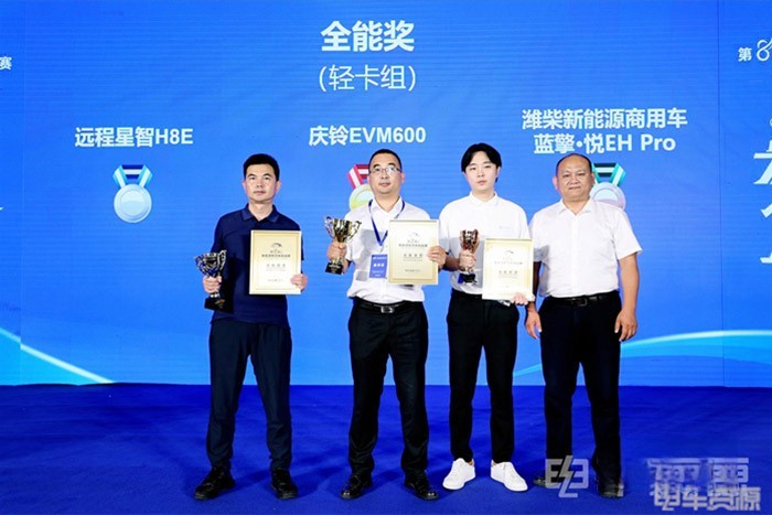 慶鈴EVM600純電動輕卡，一舉奪獲輕型貨廂組（輕卡組）全能金獎、最佳節(jié)能能力獎、最佳續(xù)航能力獎、最佳動力性能獎、最佳制動性能獎五項大獎。